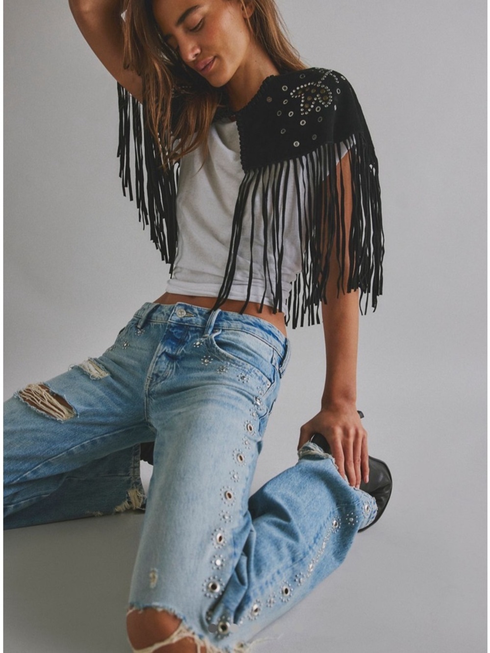 Free People Lights Out Suede Embellished Cape